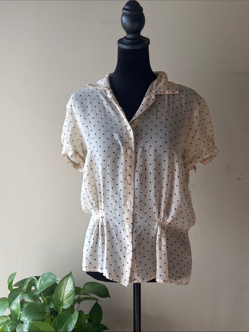 The Limited Cream Short-Sleeve Button Down Shirt with Black Polka Dots
